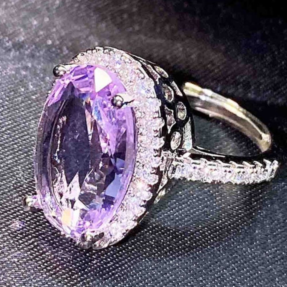 💞 925 Silver Plated Shining 4 Claws Oval Shaped CZ Ring, MARR9375 - Picture 2 of 5
